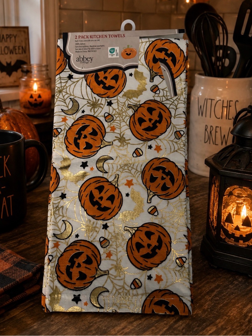 🎃 Abbey Cottage 2-Pack Halloween Kitchen Towels | Jack-O’-Lantern | Gold Foil